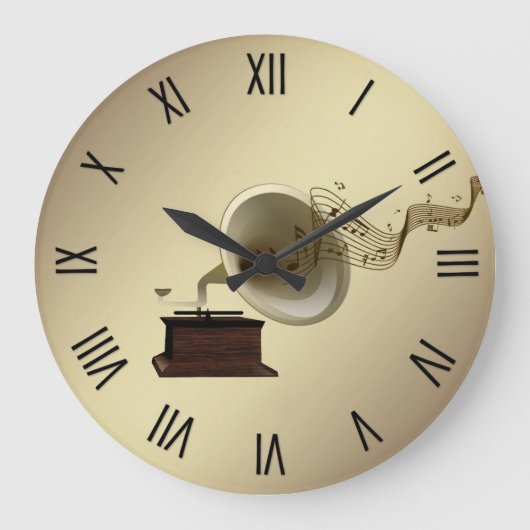 蓄音機からの音楽ストリームw 12数字 ラージ壁時計 (正面)