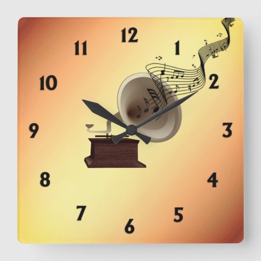 蓄音機からの音楽ストリームw 12番号 スクエア壁時計 (正面)