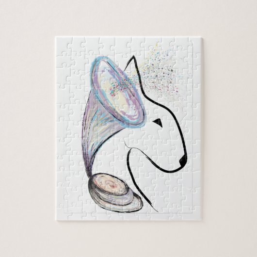 蓄音機ブルテリア音楽シュレアルなペットアート ジグソーパズル (縦)