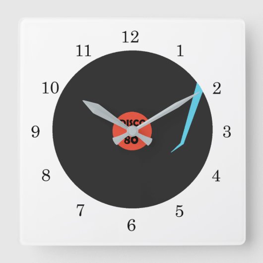 蓄音機レコード時計 – ディスコ80'ダンスパーティー スクエア壁時計 (正面)