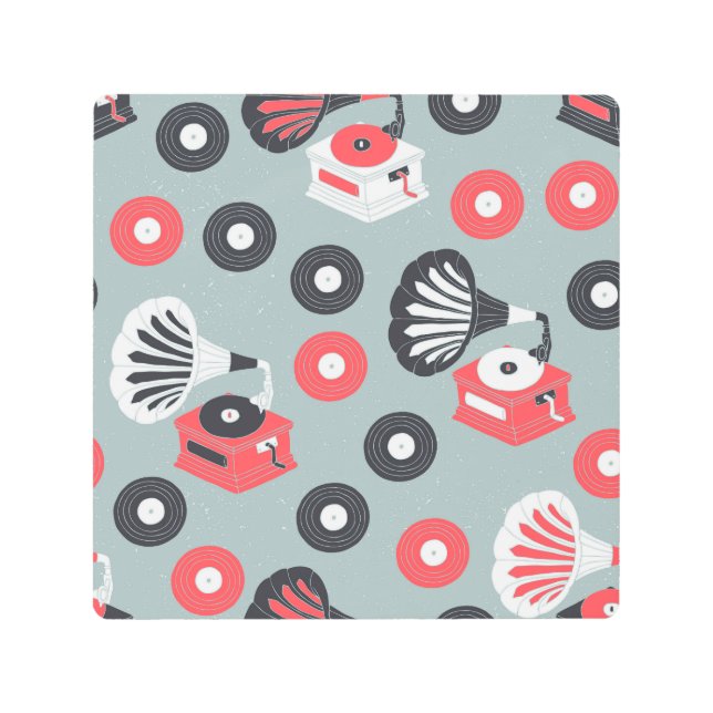 蓄音機手描きシームレスアート メタルプリント (正面)