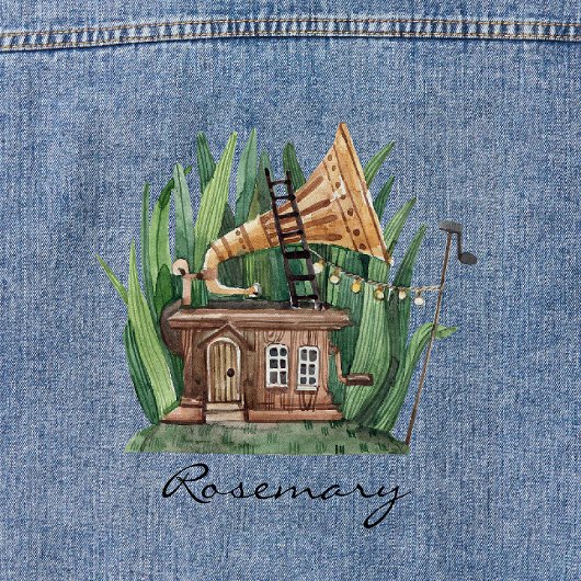 蓄音機素晴らしおとぎ話コテージ水彩 デニムジャケット