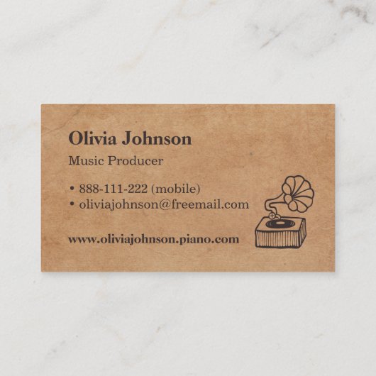 蓄音機音楽生産者のヴィンテージの名刺 名刺 (裏面)