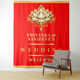 蓮と赤金色のインドの結婚式フォト背景 タペストリー