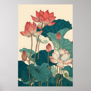 蓮の植物画 — ヴィンテージ フローラル ウォール アート ポスター