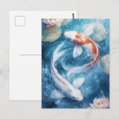 蓮の池で渦巻く白とオレンジの鯉の魚 ポストカード (正面/裏面)