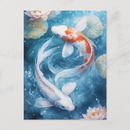 蓮の池で渦巻く白とオレンジの鯉の魚 ポストカード (正面)