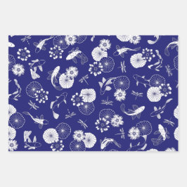 蓮の池コイの青と白の魚の文様 ラッピングペーパーシート