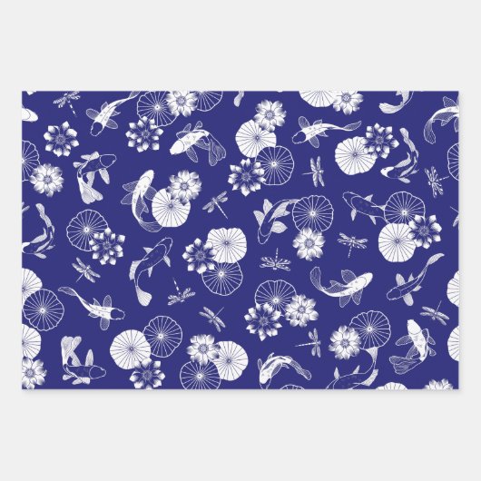 蓮の池コイの青と白の魚の文様 ラッピングペーパーシート (正面)