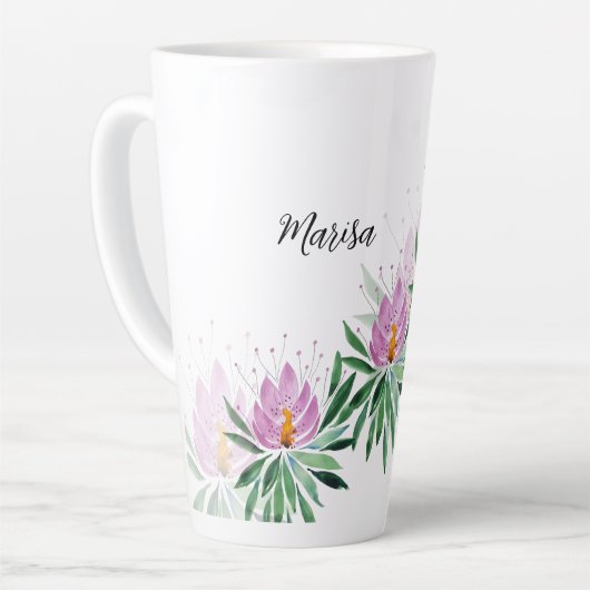蓮の花が咲くライラックバイオレット水彩 カフェラテマグ (左アングル)