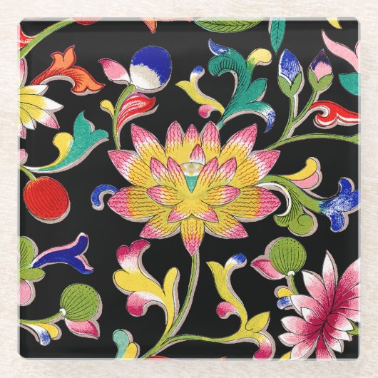 蓮の花とつる植物 ガラスコースター (正面)