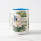 蓮の花とアオギスウ蝶 名前入り ツートーンマグカップ (正面左)