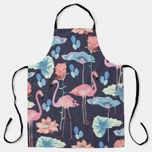 蓮の花とプロに囲まれたピンクのフラミンゴ エプロン