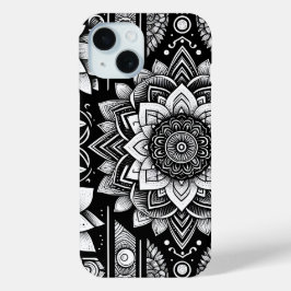 蓮の花とマンダラの白黒 iPhone 15ケース