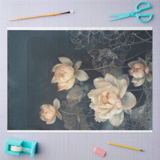 蓮の花とミッドナイトブルー，混合メディアエフェクト 薄葉紙 (クラフト)