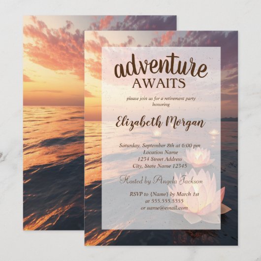 蓮の花と夕焼けのオーシャン引退パーティー 招待状 (正面/裏面)
