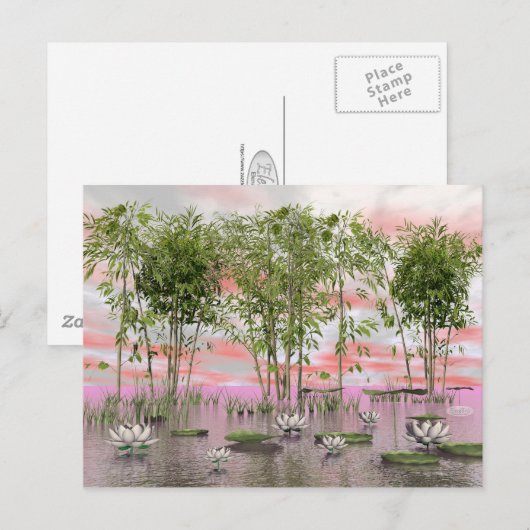 蓮の花と竹 – 3D 描写 ポストカード (正面/裏面)