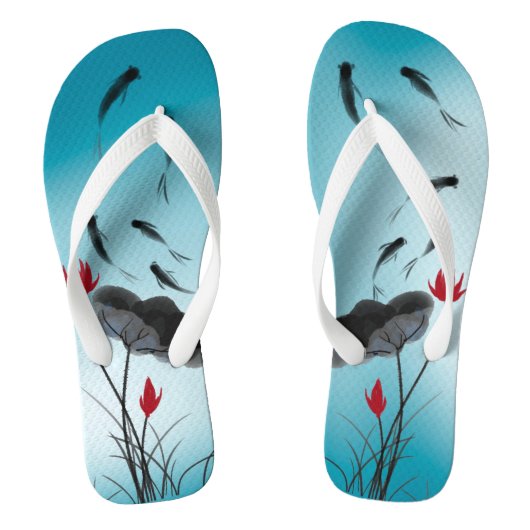 蓮の花と魚の緑のグラデーション絵画インク ビーチサンダル (フットベッド)