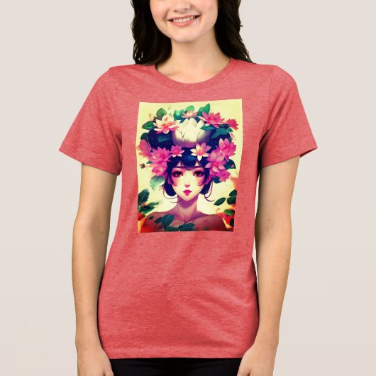 蓮の花に冠を被ったアニメ少女 トライブレンドTシャツ (正面)