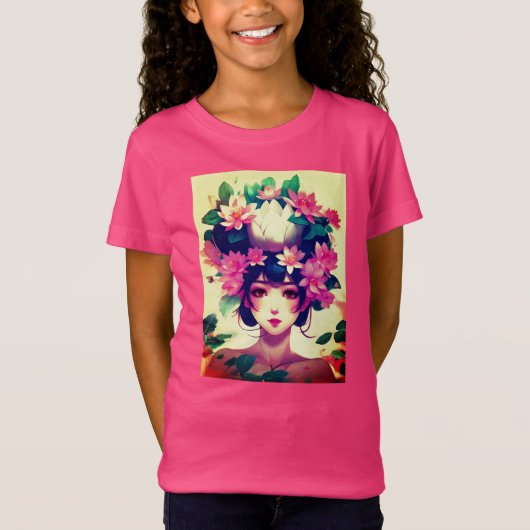 蓮の花に冠を被ったアニメ少女 Tシャツ (正面)