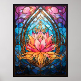 蓮の花のステンドグラス 窓辺の癒し ボタニカルアート ポスター