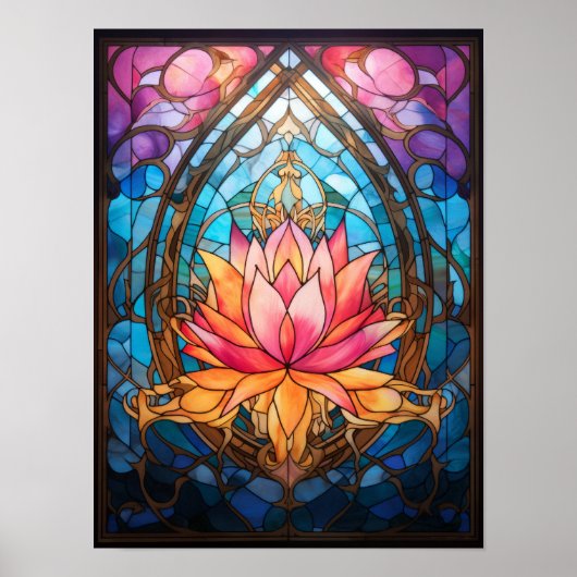 蓮の花のステンドグラス 窓辺の癒し ボタニカルアート ポスター (正面)
