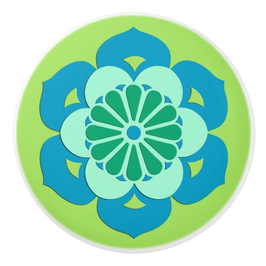 蓮の花の曼荼羅、ライムグリーンと淡青色 セラミックノブ (正面)