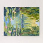 蓮の花の池 | 緑の水彩画の自然 ジグソーパズル (横)