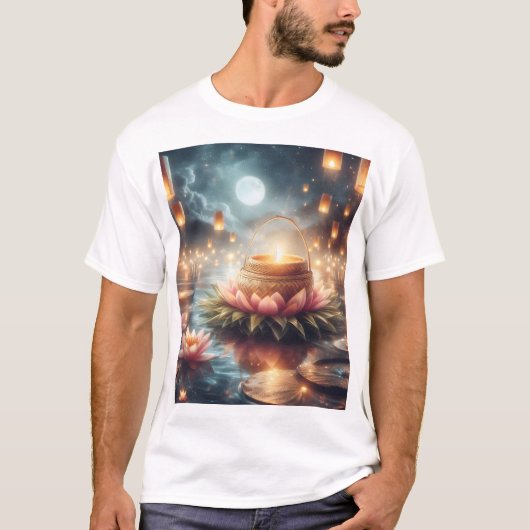 蓮の花の籠を持つ浮いている花 Tシャツ (正面)