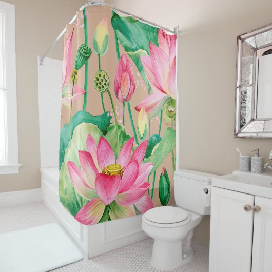 蓮の花の継ぎ目のない模様。水彩植物 シャワーカーテン (インサイチュ)