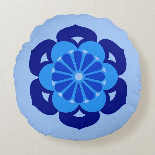蓮の花マンダラ藍とライトブルー ラウンドクッション (正面)