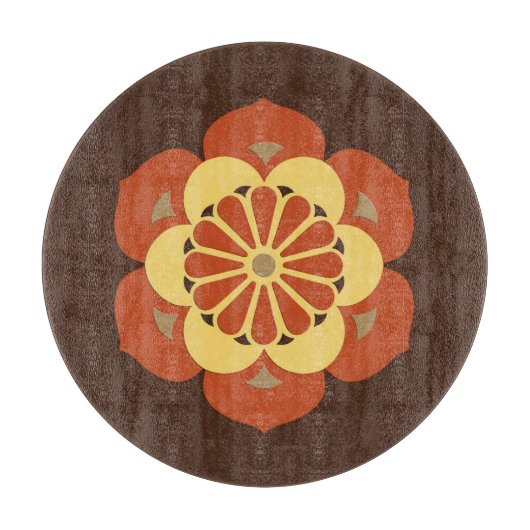 蓮の花マンダラ、茶色、さび、黄色 カッティングボード (正面)