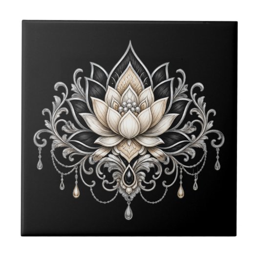 蓮の花 ブラック シルバー 花 フラワー 壁 タイル (正面)