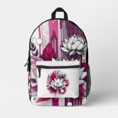 蓮の花，マゼンタの黒と白 プリントバックパック (正面)