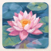 蓮の花 蓮の葉 水彩画 スクエアペーパーコースター (正面)