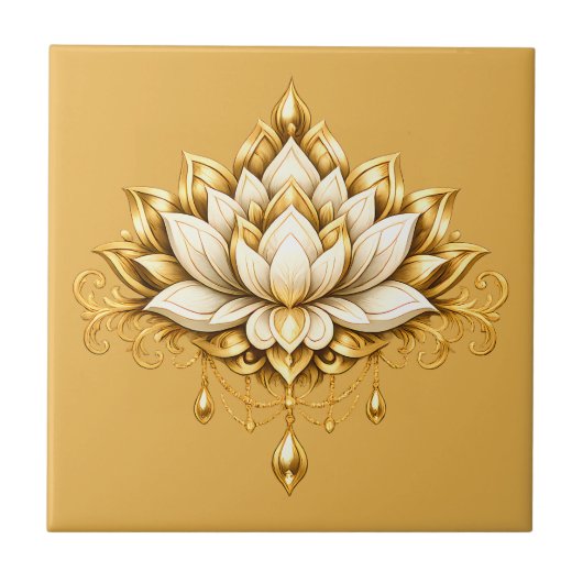 蓮の花 象牙 ゴールド 花柄 壁装飾 タイル (正面)