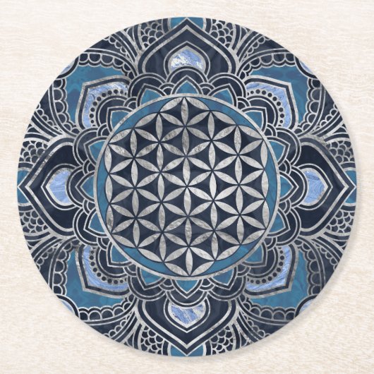蓮の花-青いクリスタルと銀 ラウンドペーパーコースター (正面)
