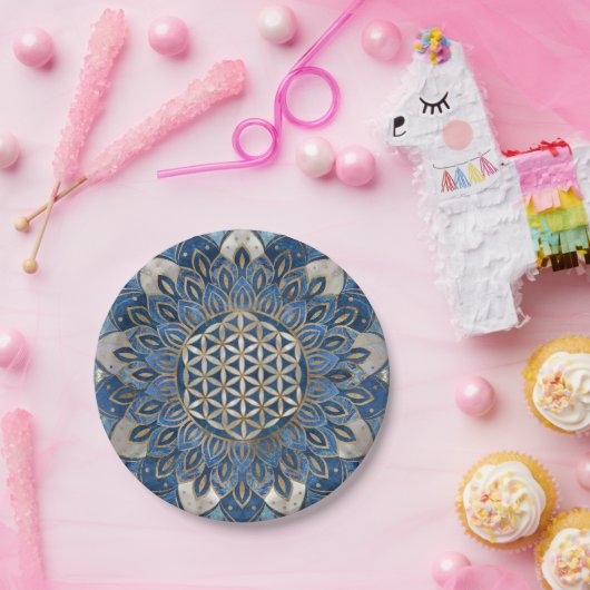 蓮の花-青大理石と真珠 ペーパープレート (パーティー)