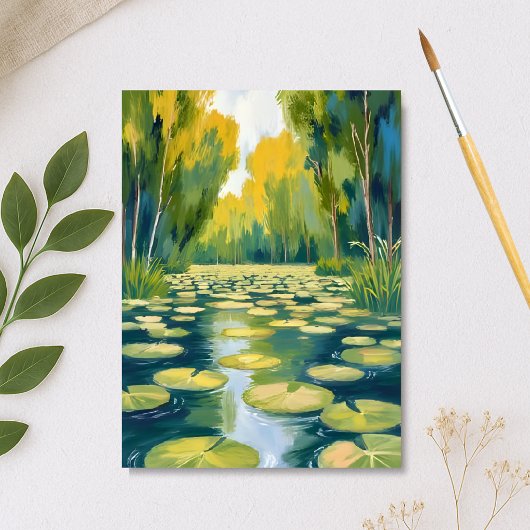 蓮の葉の池 | グリーンの水彩画ナチュラルアート シーズンカード