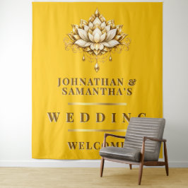 蓮の黄色い金のインドの結婚式の写真背景 タペストリー