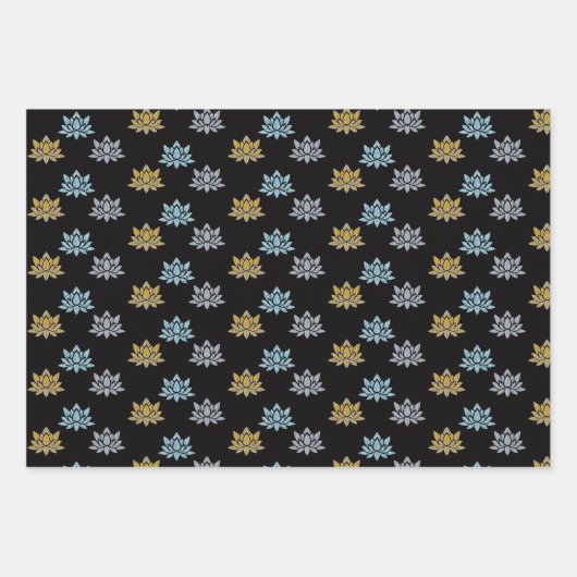 蓮エレガント花ブルーシルバー金ゴールドヨガフラット ラッピングペーパーシート (正面3)