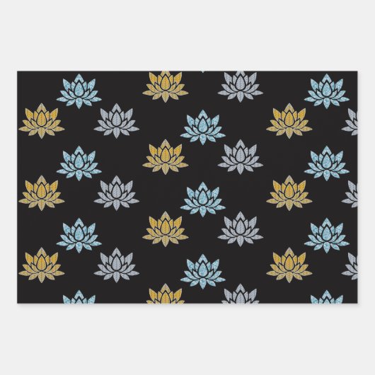 蓮エレガント花ブルーシルバー金ゴールドヨガフラット ラッピングペーパーシート (正面)
