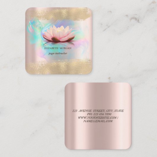 蓮エレガント花金ゴールドブラシ筆画ホログラフィック スクエア名刺 (正面/裏面)