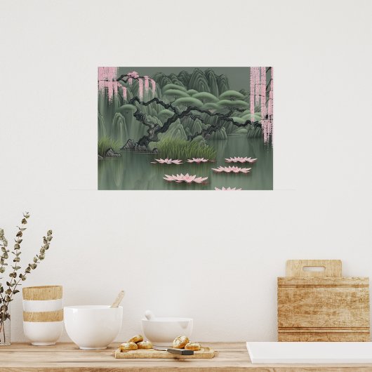 蓮中国の絵画の花が咲いた池の香り ポスター (キッチン)