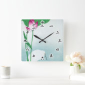 蓮、白ヘロン、小村、浮世絵 スクエア壁時計 (ホーム)