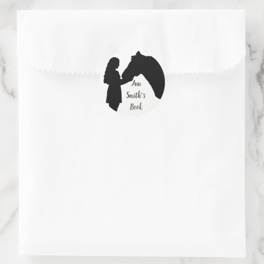 蔵書票からカスタマイズ女の子と馬のシルエット ラウンドシール (バッグ)