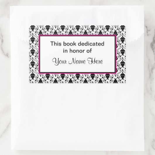 蔵書票シール – ピンクとダマスク 長方形シール (バッグ)