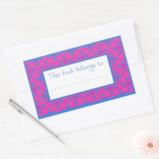 蔵書票スタンプ、マゼンタのピンクと青のドット 長方形シール (封筒)