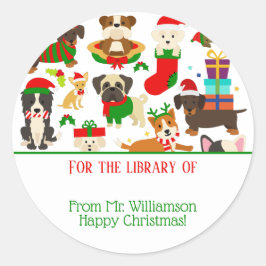 蔵書票図書館のクリスマス犬 ラウンドシール