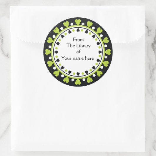 蔵書票 – 緑のハート白水玉模様 (バッグ)